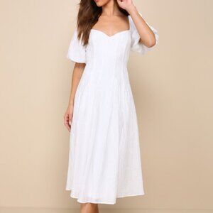 Lulus Heavenly Energy White Textured Puff Sleeve Pleated Midi Dress - Size L